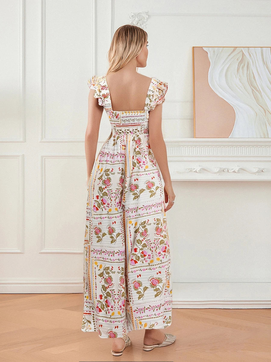 Elegant Vintage Style Sleeveless Floral Print Square Neck Midi Dress with Adjustable Straps