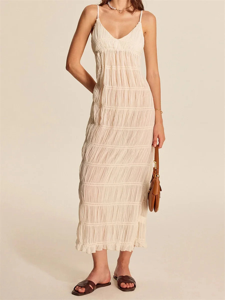 Elegant Floral Print Maxi Dress with Ruffle Hem and Adjustable Spaghetti Straps