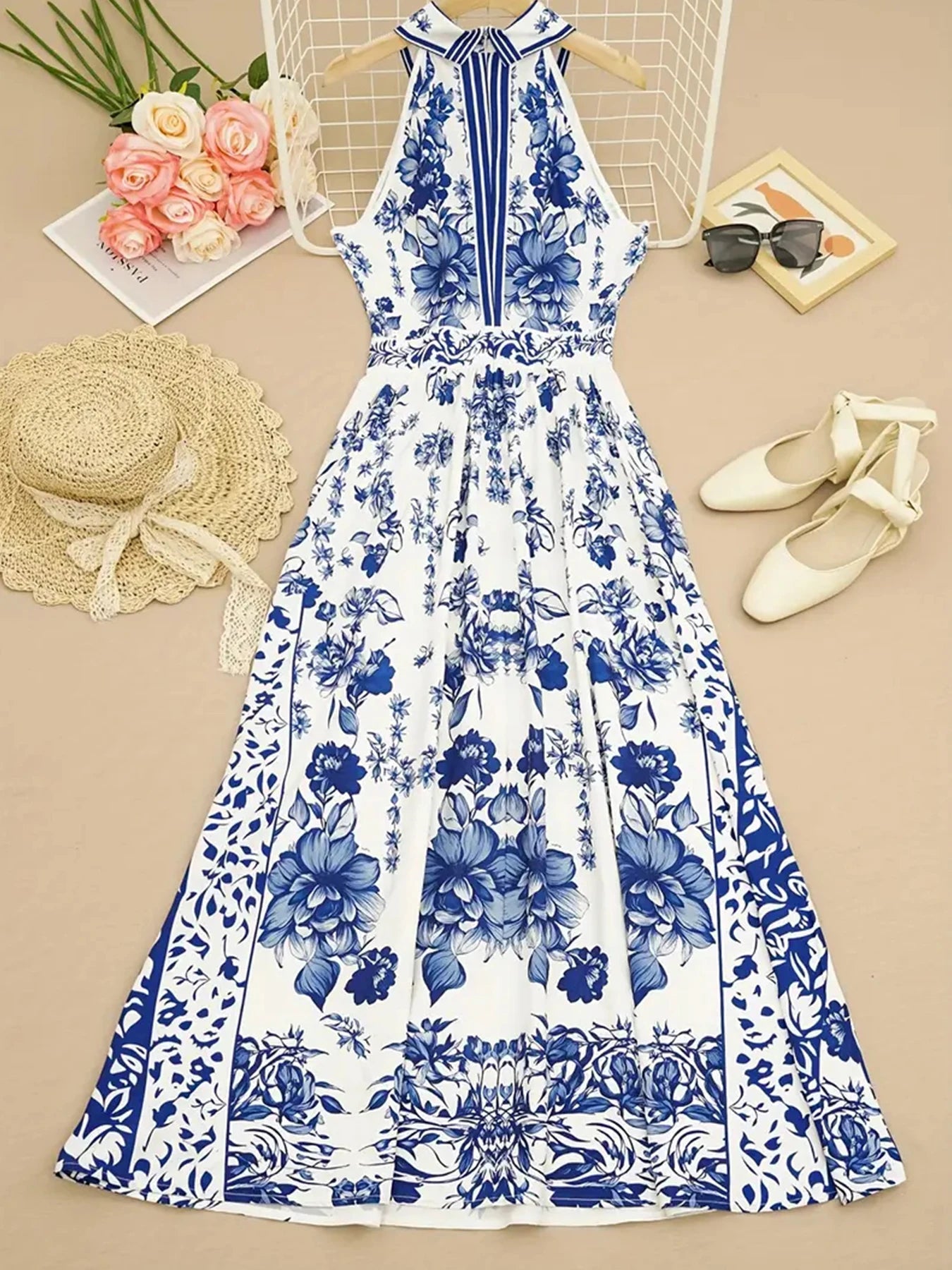 2025 New Blue and White Floral Print Women's Long A-Line Dress, Open Chest Collar