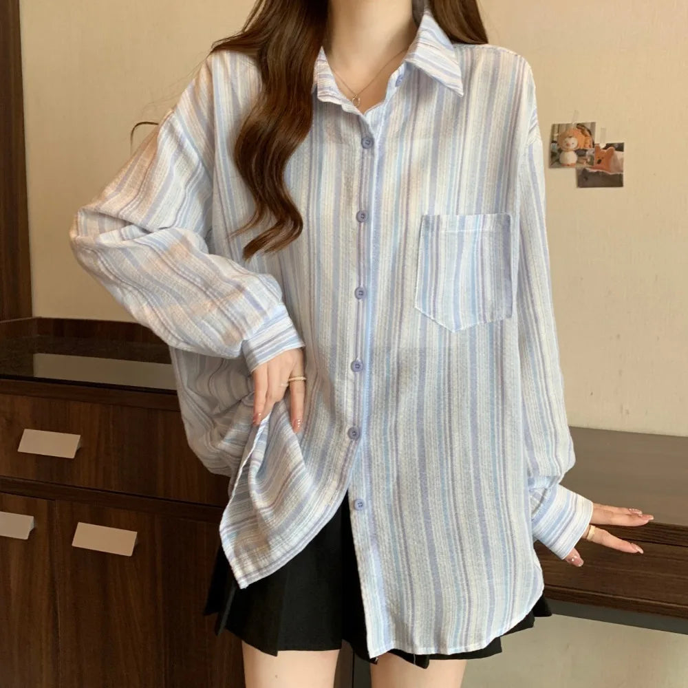 Vintage Striped Shirts Women All-match Korean Style Single Pocket