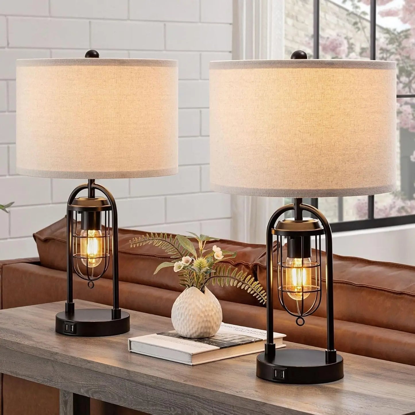 Set Of 2 Contemporary USB Table Lamps With Night Light