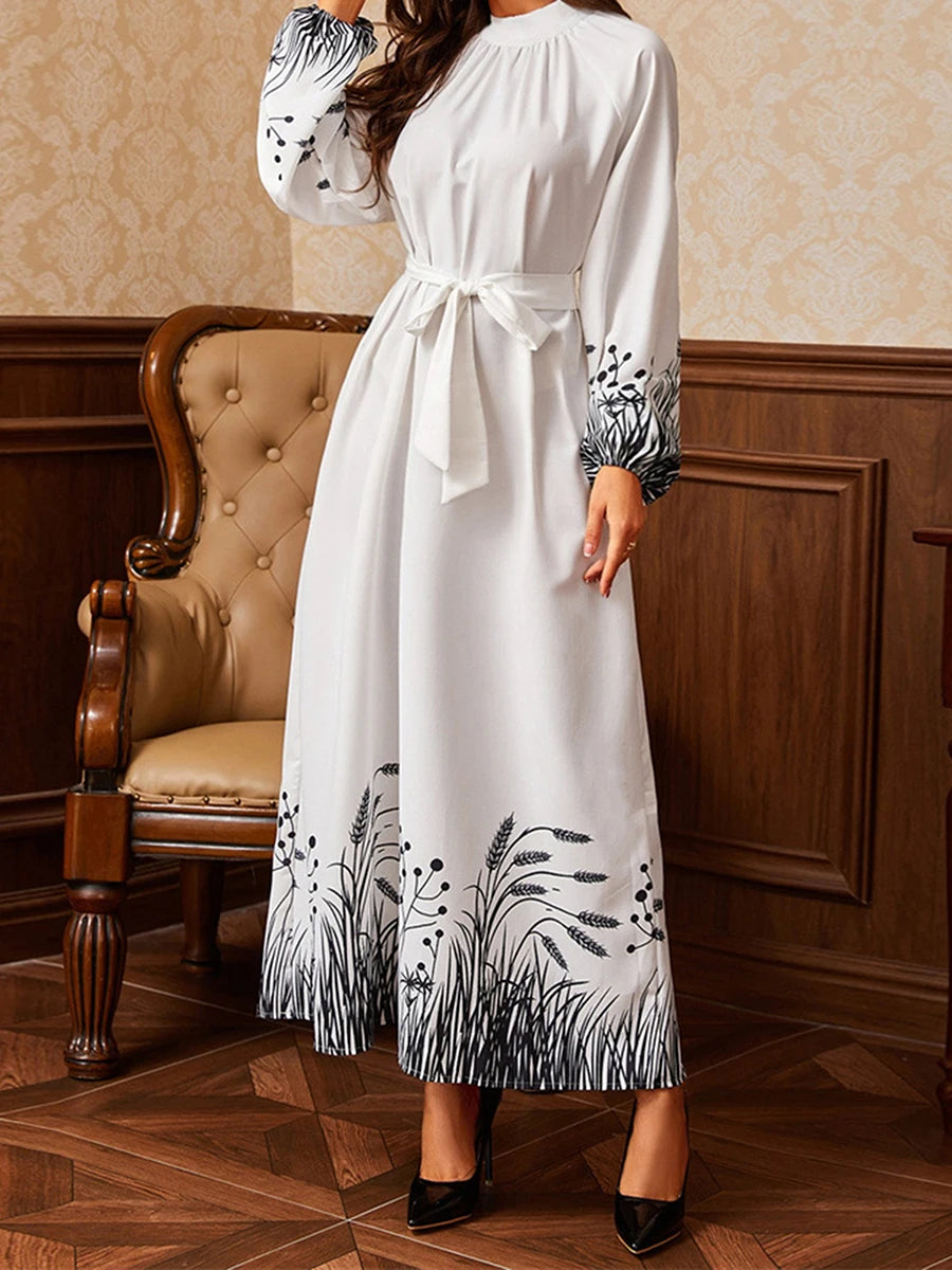 Elegant Floral Print Maxi Dress with Waist Tie Traditional Middle Eastern Design