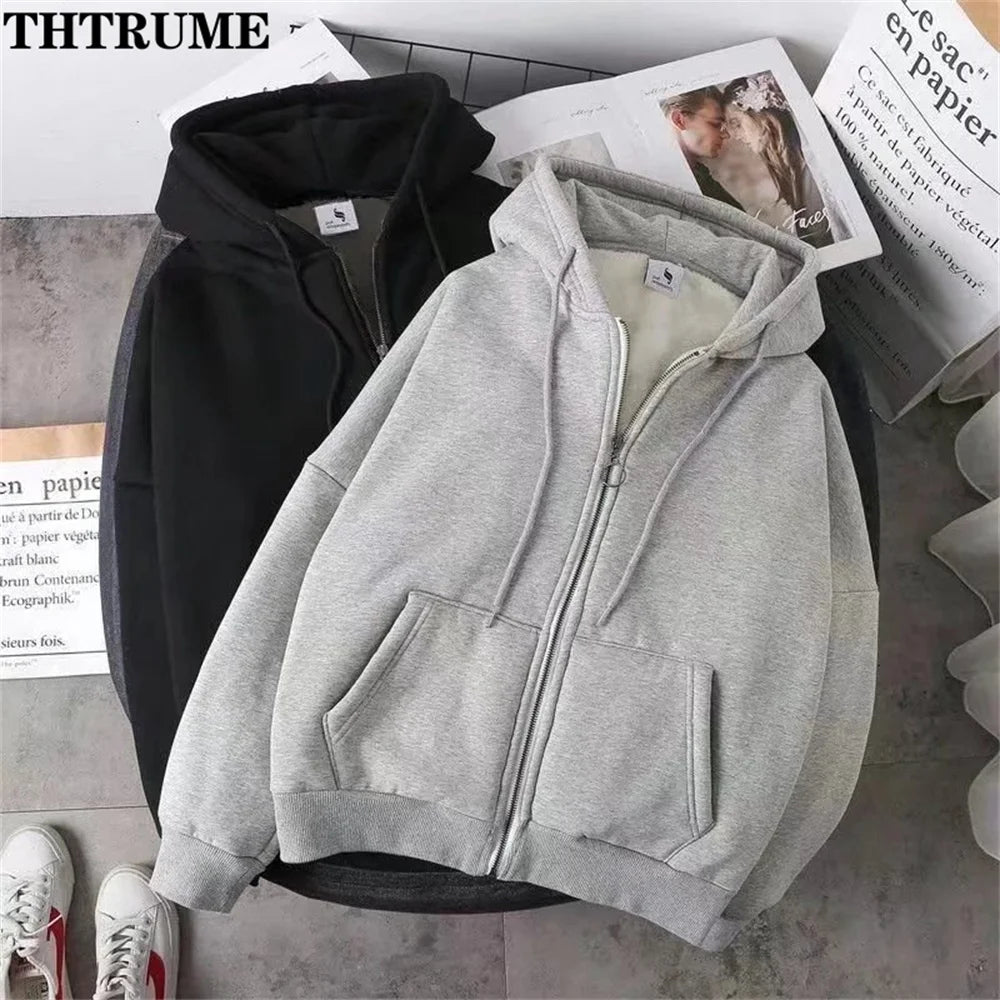 Elegant Women Chic Hoodies Fashion Autumn Winter Fleece Zipper Sweatshirts