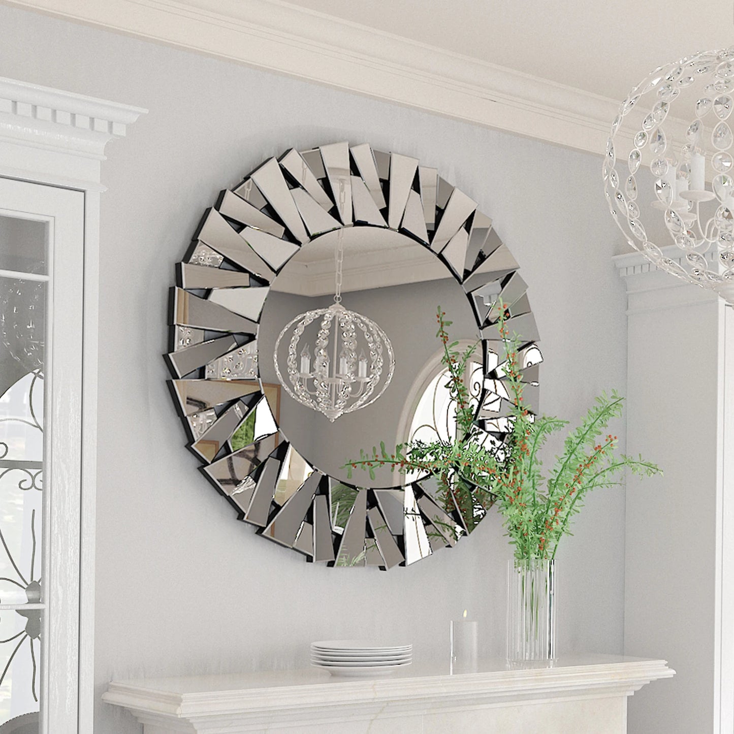 32" Wall Mirrors Decorative Round Sunburst Mirror for Wall Decor Modern Silver Glass