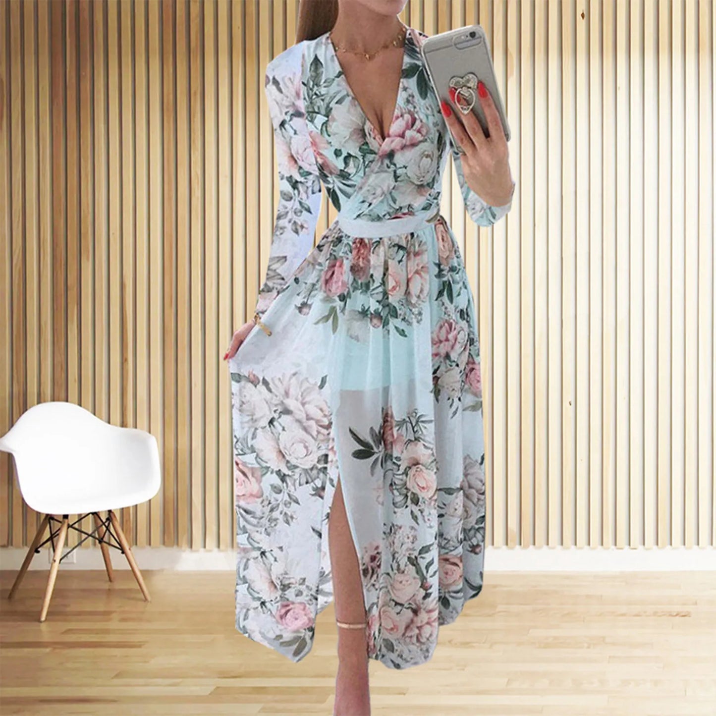 Women floral Chiffon Flower Dress trends new in Ladies Elegant V Neck short Sleeve