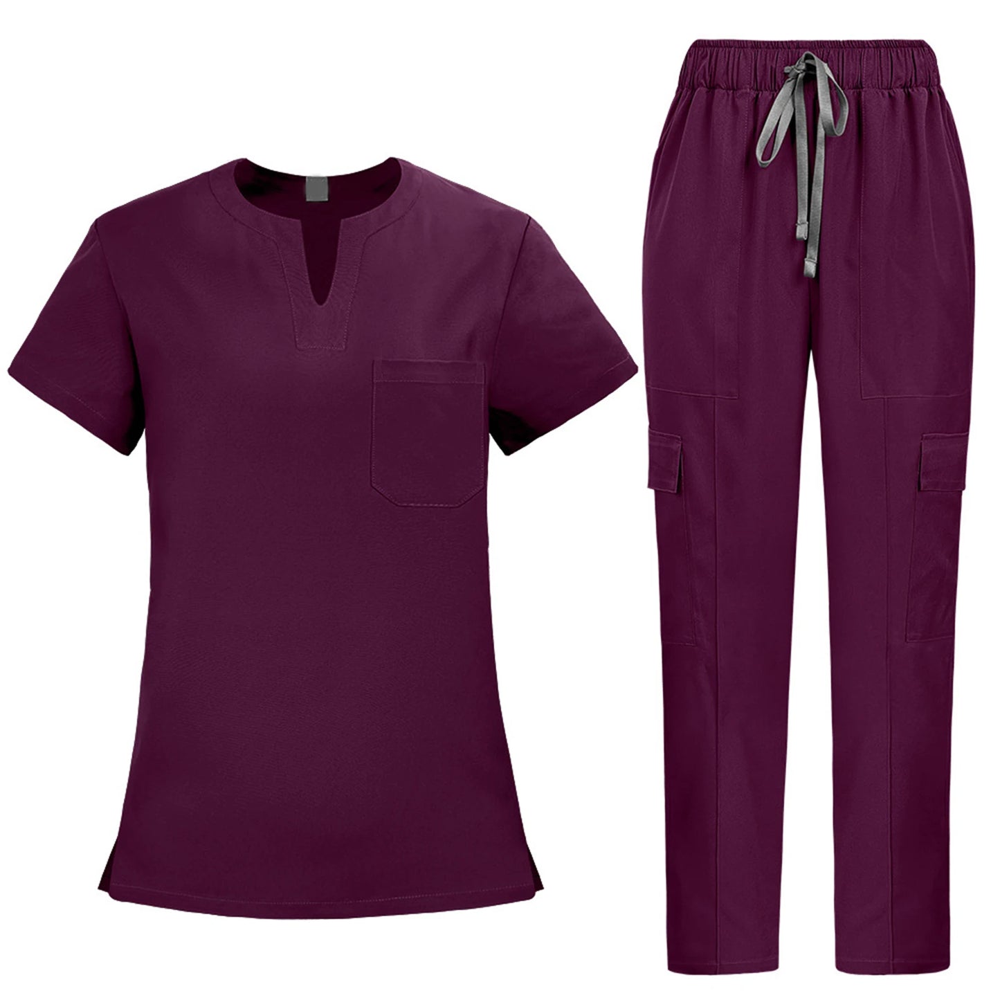 V-Notch Short Sleeve Multi-Pocket Cargo Pants Medical Uniform Healthcare  Professional Outfit