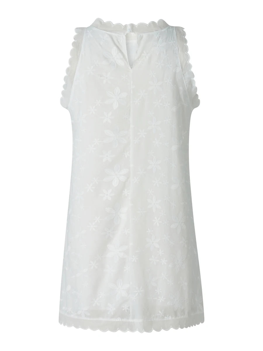 Women Summer Casual Short Dress Flower Lace Crew Neck Sleeveless