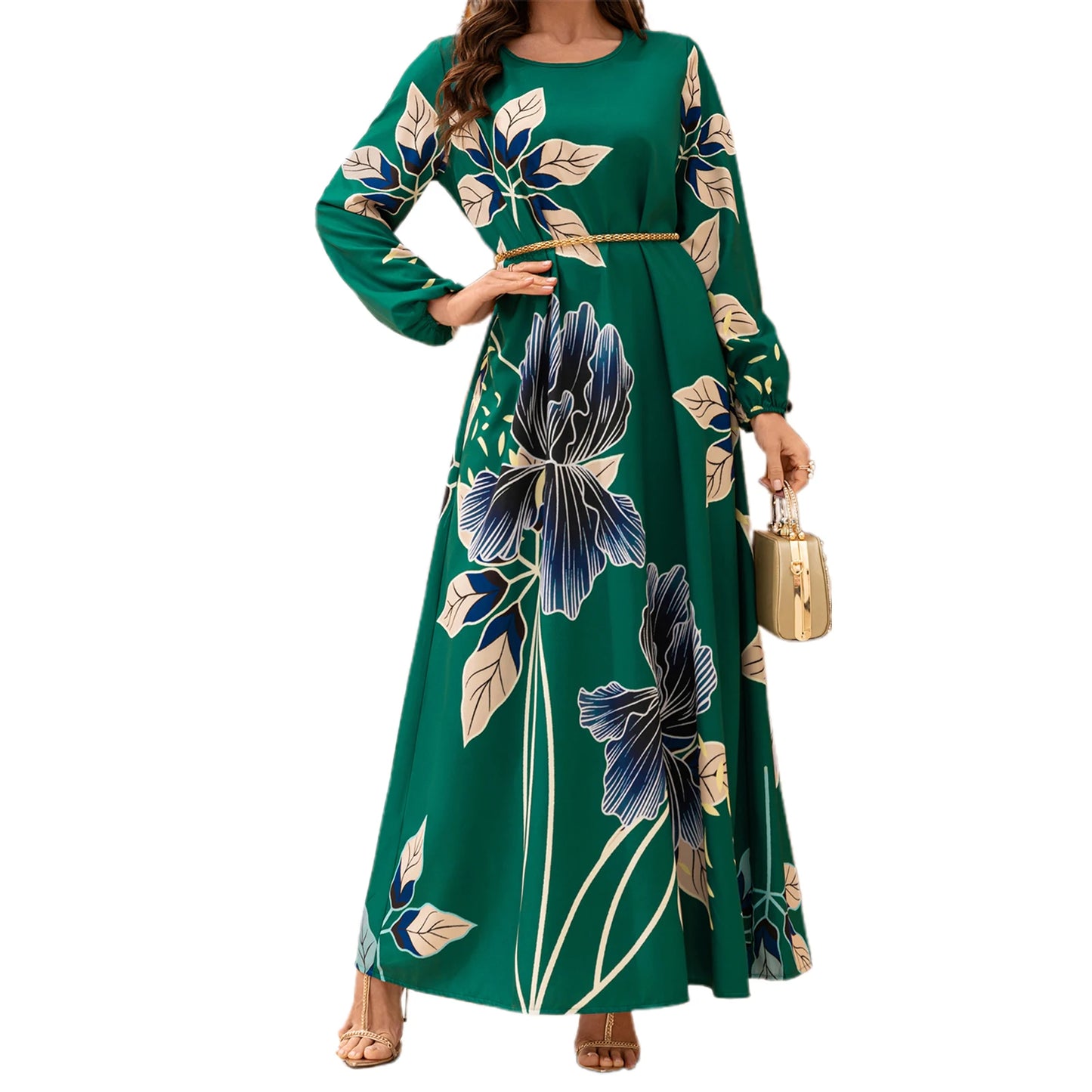 Elegant Floral Print Maxi Dress with Flowy Silhouette and Long Sleeves