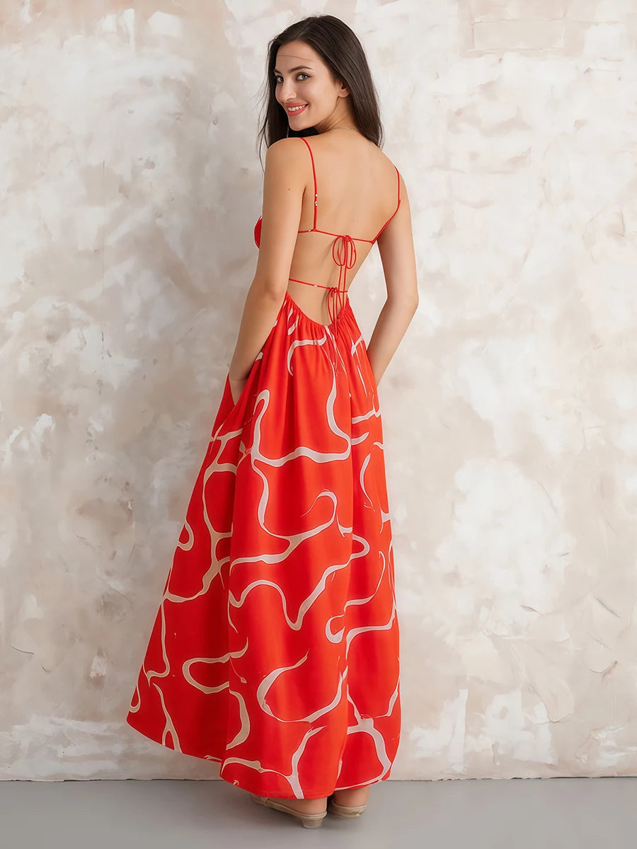 Elegant Floral Print Sleeveless Maxi Dress with Adjustable Spaghetti Straps