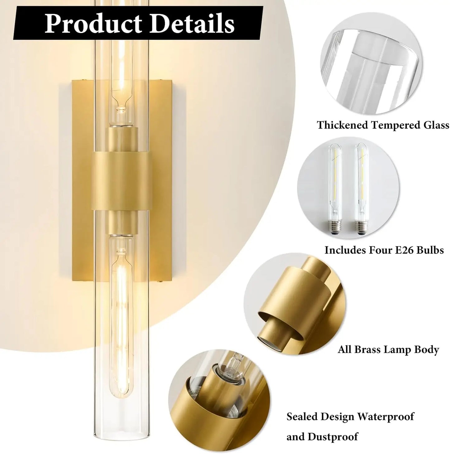 Wall Sconce Set Of 2 With Clear Glass Tubes Dimmable