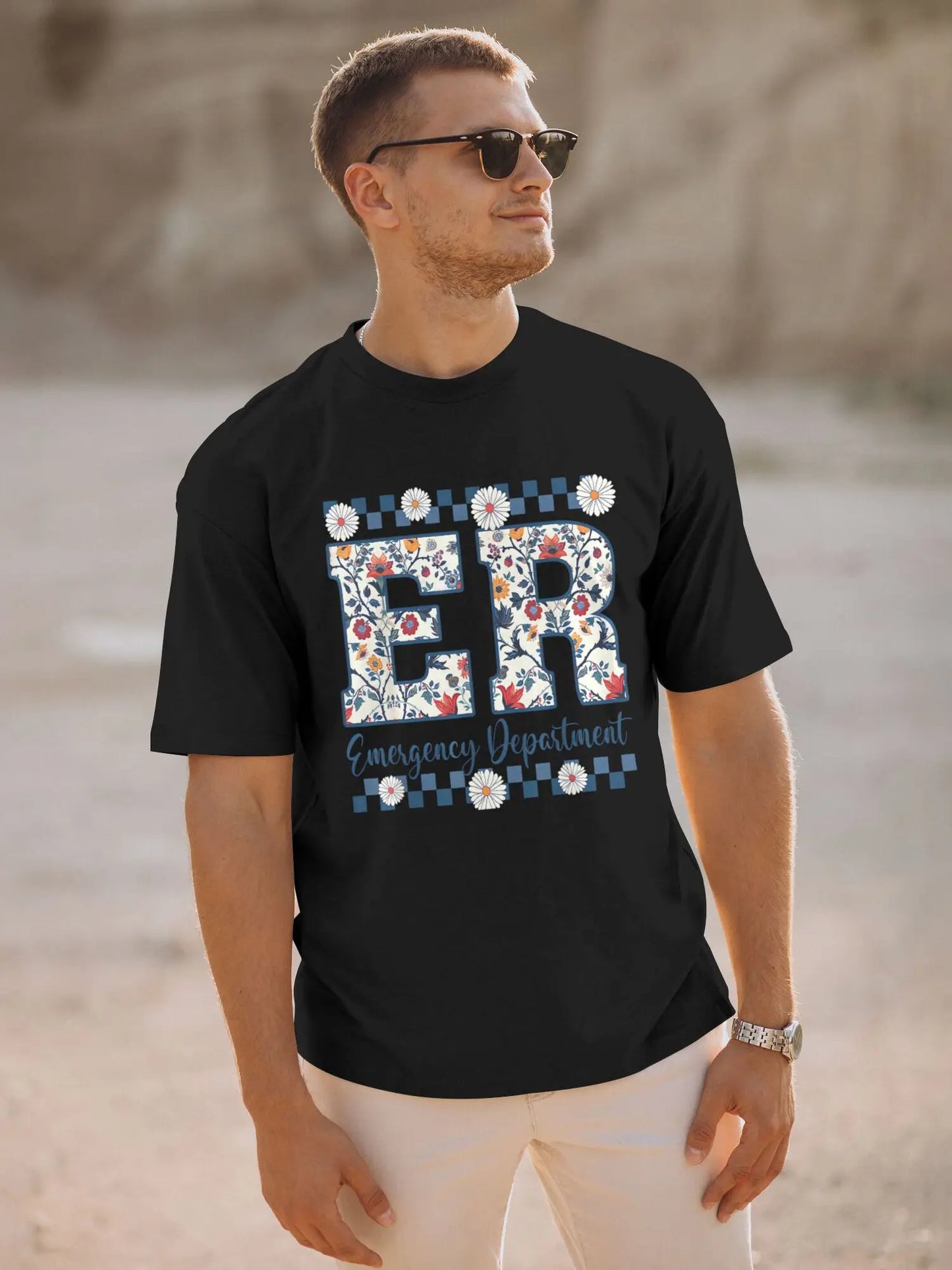 Men' Emergency Room RN Nurse T-Shirt Loose Fit Symbol Print RN Badge for Hospital Staff