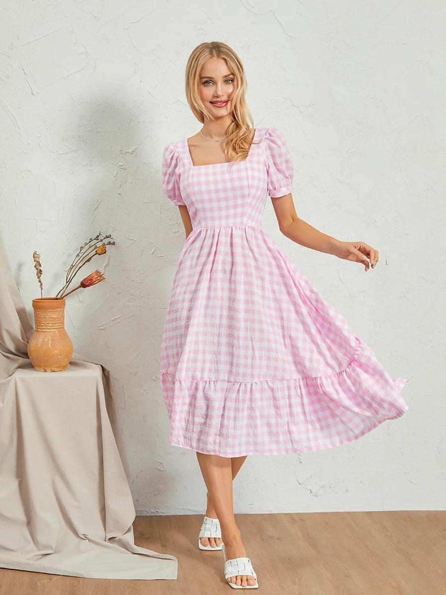 Women Summer Casual Midi Dress Plaid Square Neck Short Puff Sleeve