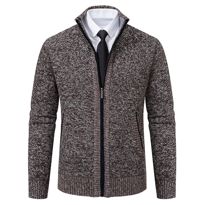 Men's Autumn Winter Velvet Cardigan Jacket Zip Closure Knit Polyester