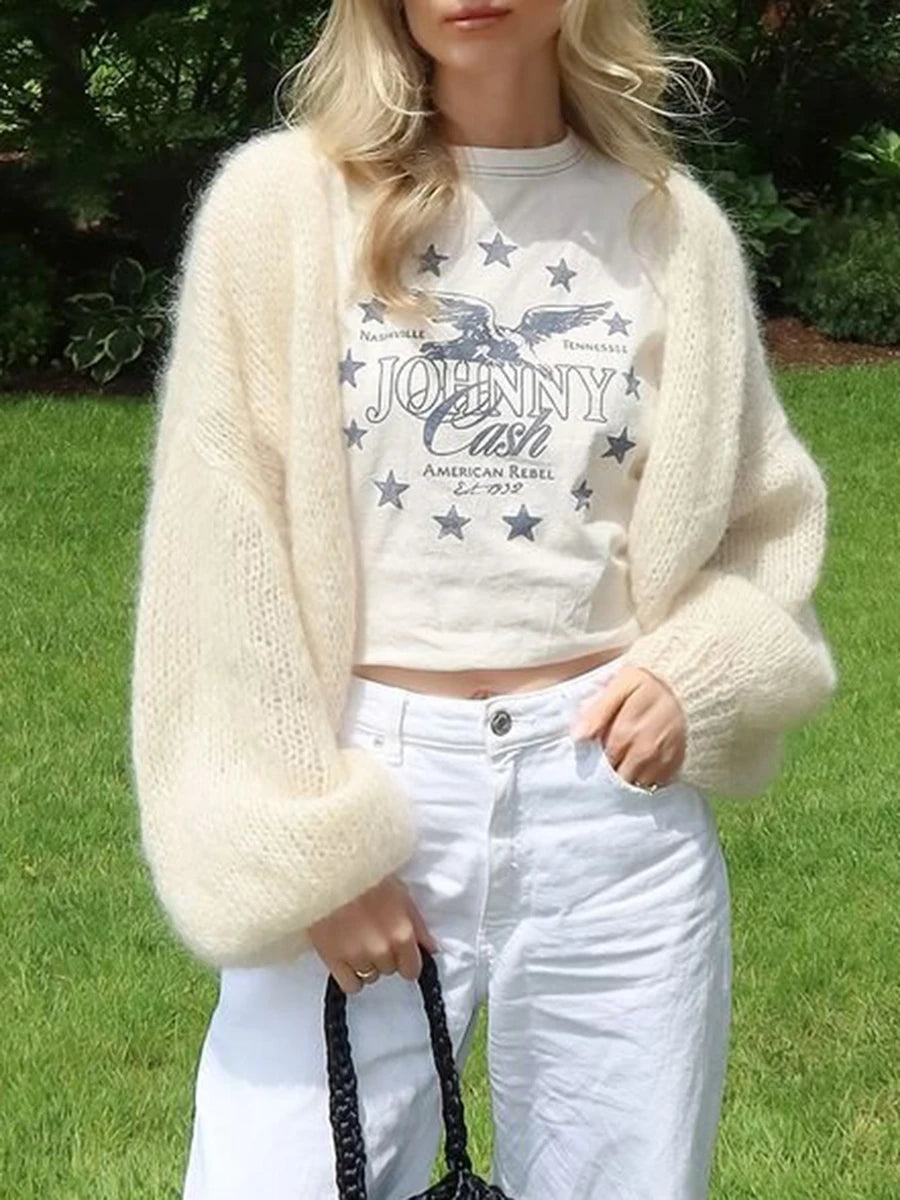 Knit Cardigan Open Front Long Puff Sleeve Women Jacket