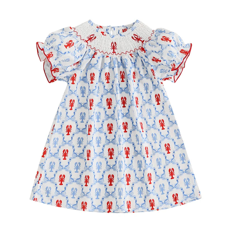 Cute Baby Girls Dress with Crab Print Round Neck and Short Sleeves Adorable Casual Dress