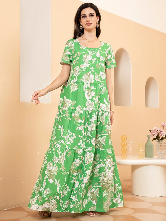 Holiday style Round neck Flowers Color contrast Splicing Regular sleeve