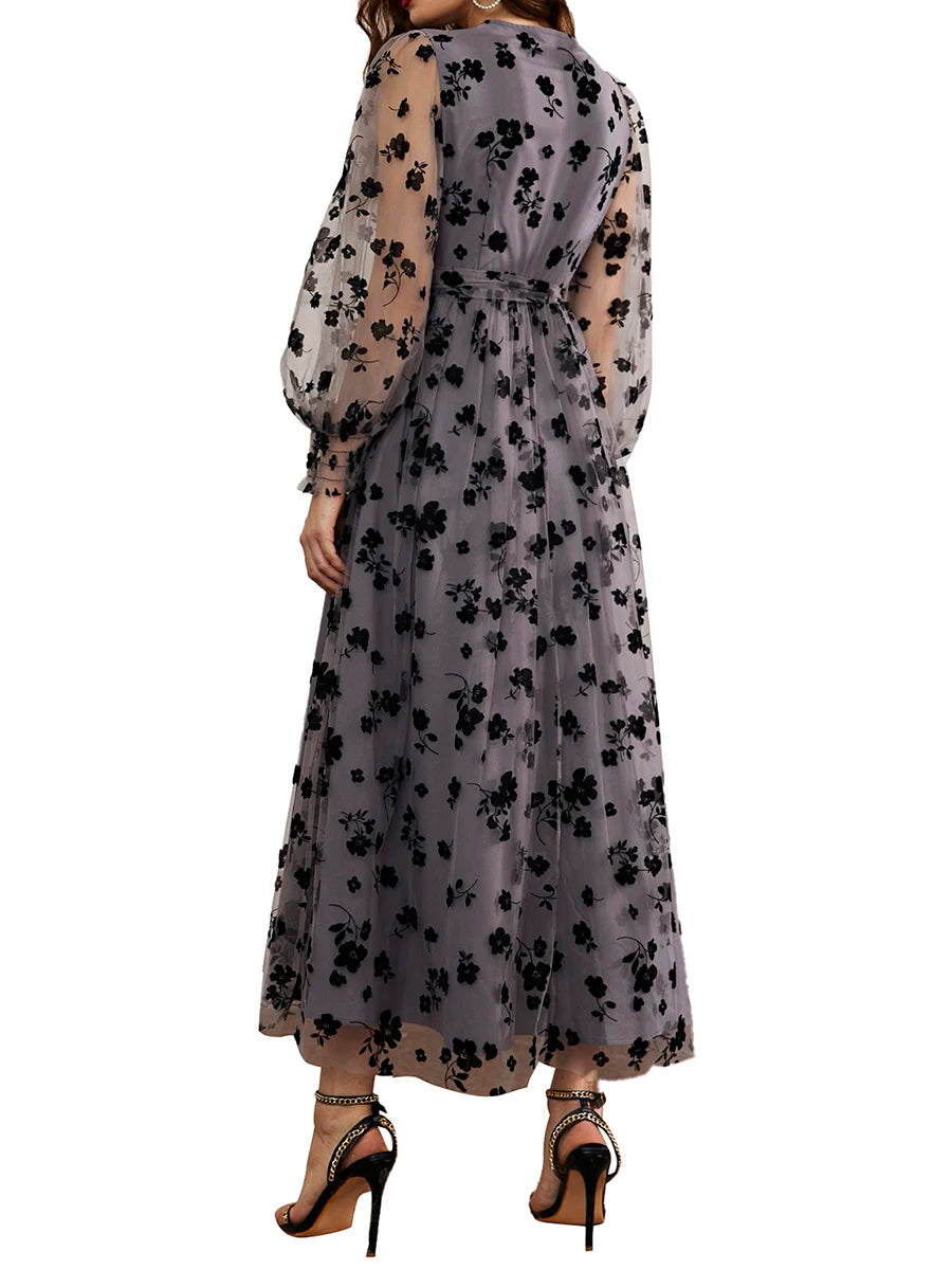 Floral Embroidered Belted Maxi Dress With Long Sleeves For Events