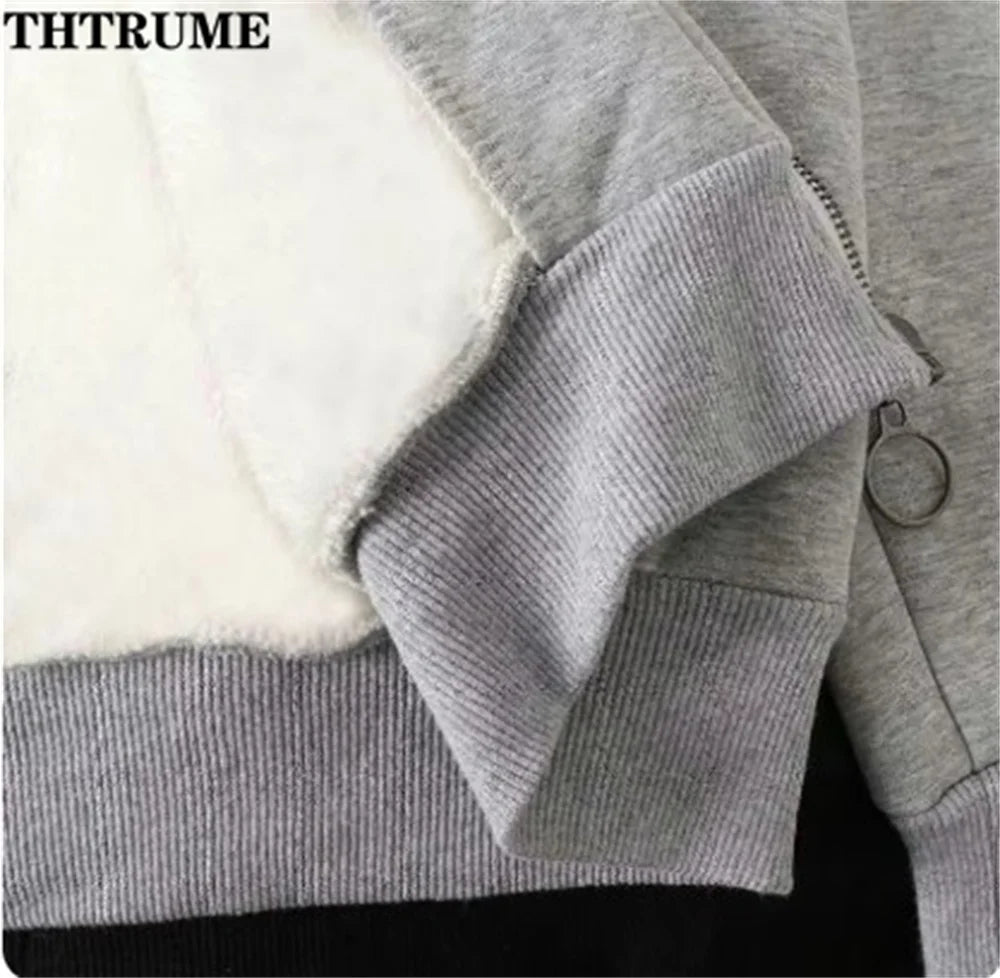 Elegant Women Chic Hoodies Fashion Autumn Winter Fleece Zipper Sweatshirts