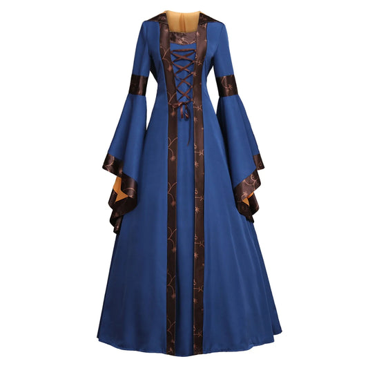 Medieval Hooded Flare Sleeve Dress With Lace Up Waist