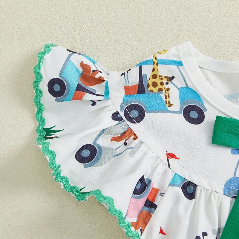 Girls Summer Sleeveless Round Neck Floral Print A-line Dress with Bow Detail and Ruffle Hem