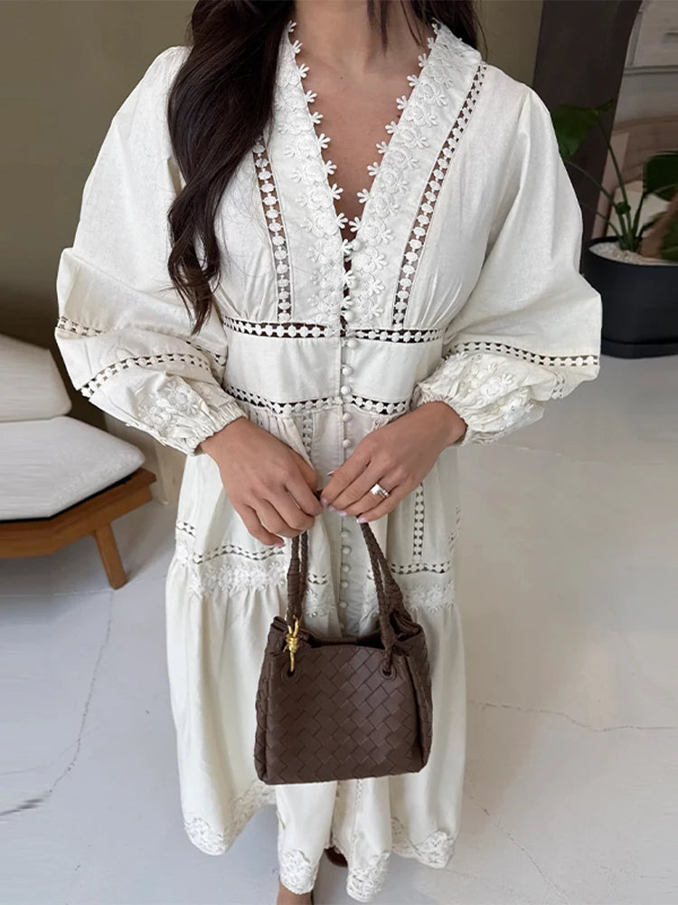Lace Long Dresses Women Hollow Out V-neck Full Puff Sleeves Loose A line Dress