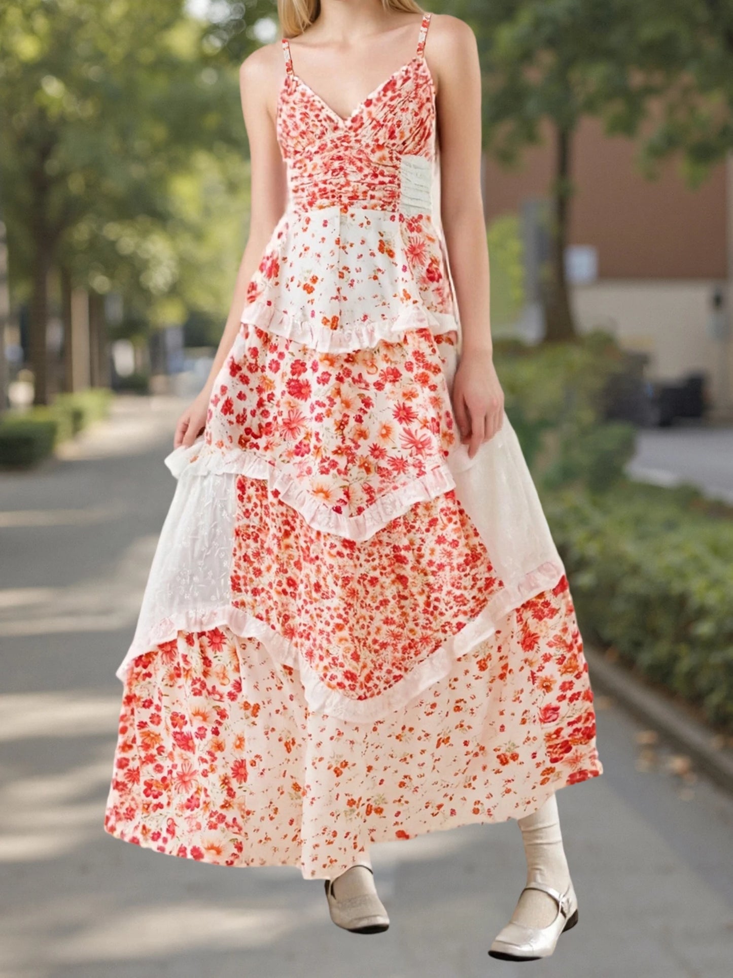 Women s Boho Floral Print Sleeveless V Neck Maxi Dress with Open Back and Flowy