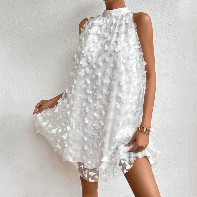 Sexy Women Mini Skirt Rose Red Sleeveless 3D Butterfly Fashion Jacquard Pleated