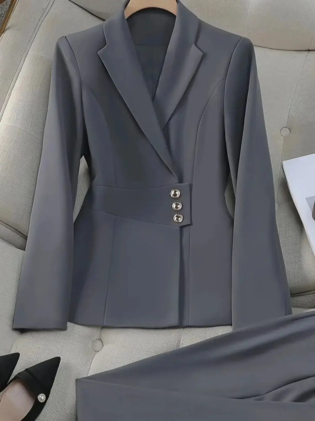 Solid color commuting business professional fashion elegant simple office suit jacket pants suit