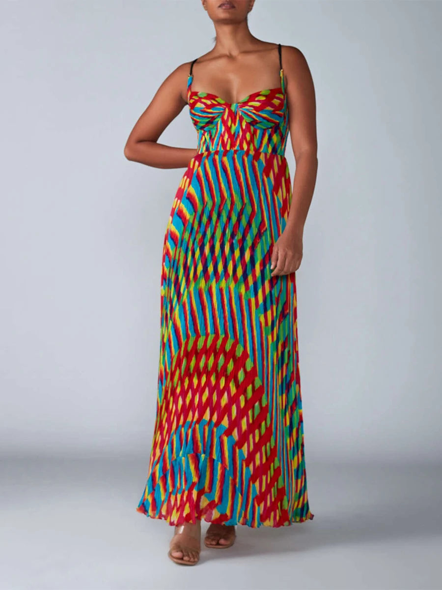 Women s Long Slip Dress Contrast Line Print Sleeveless Spaghetti Strap