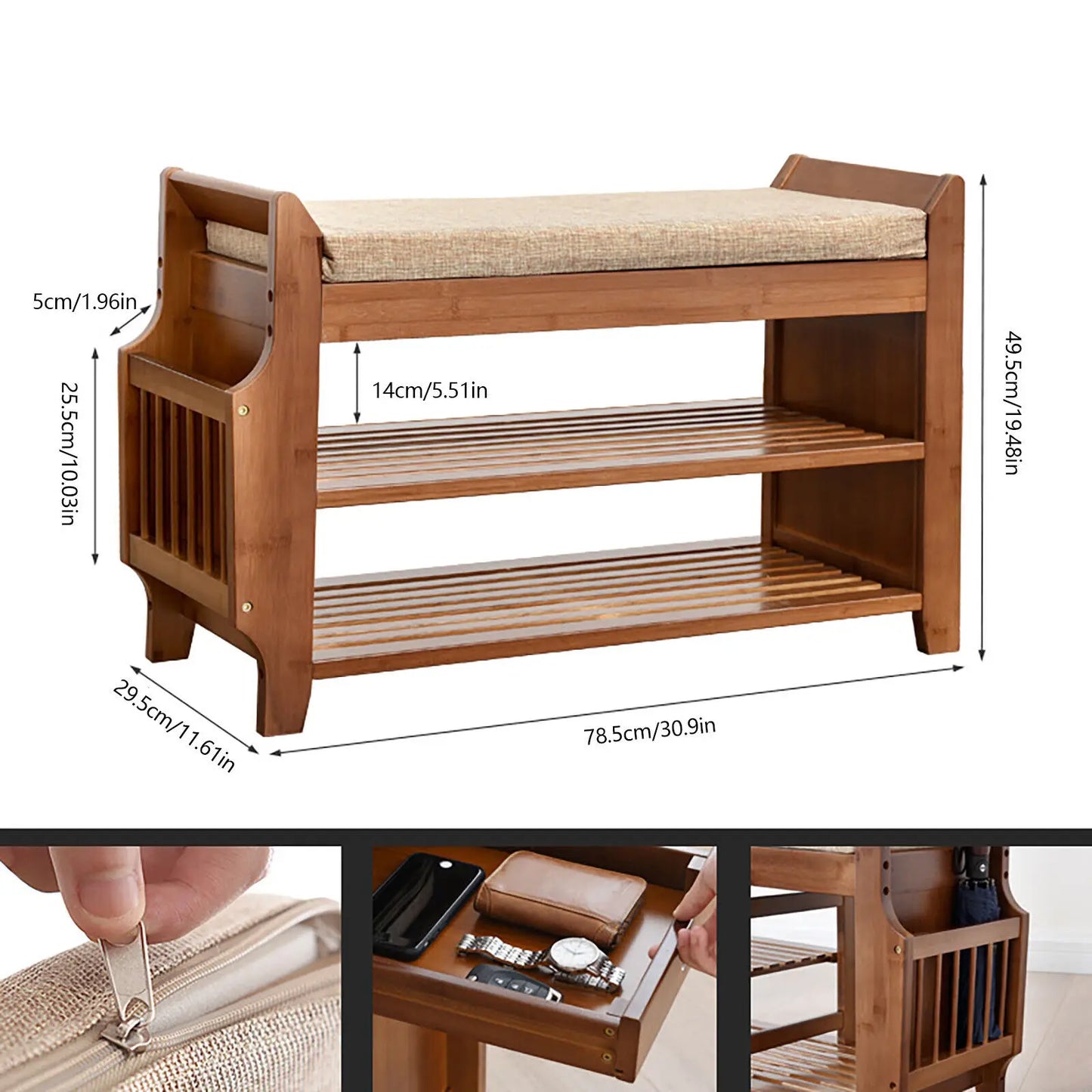 Bamboo 2-Tier Shoe Rack Bench, Removable Cushion Entryway Shelf