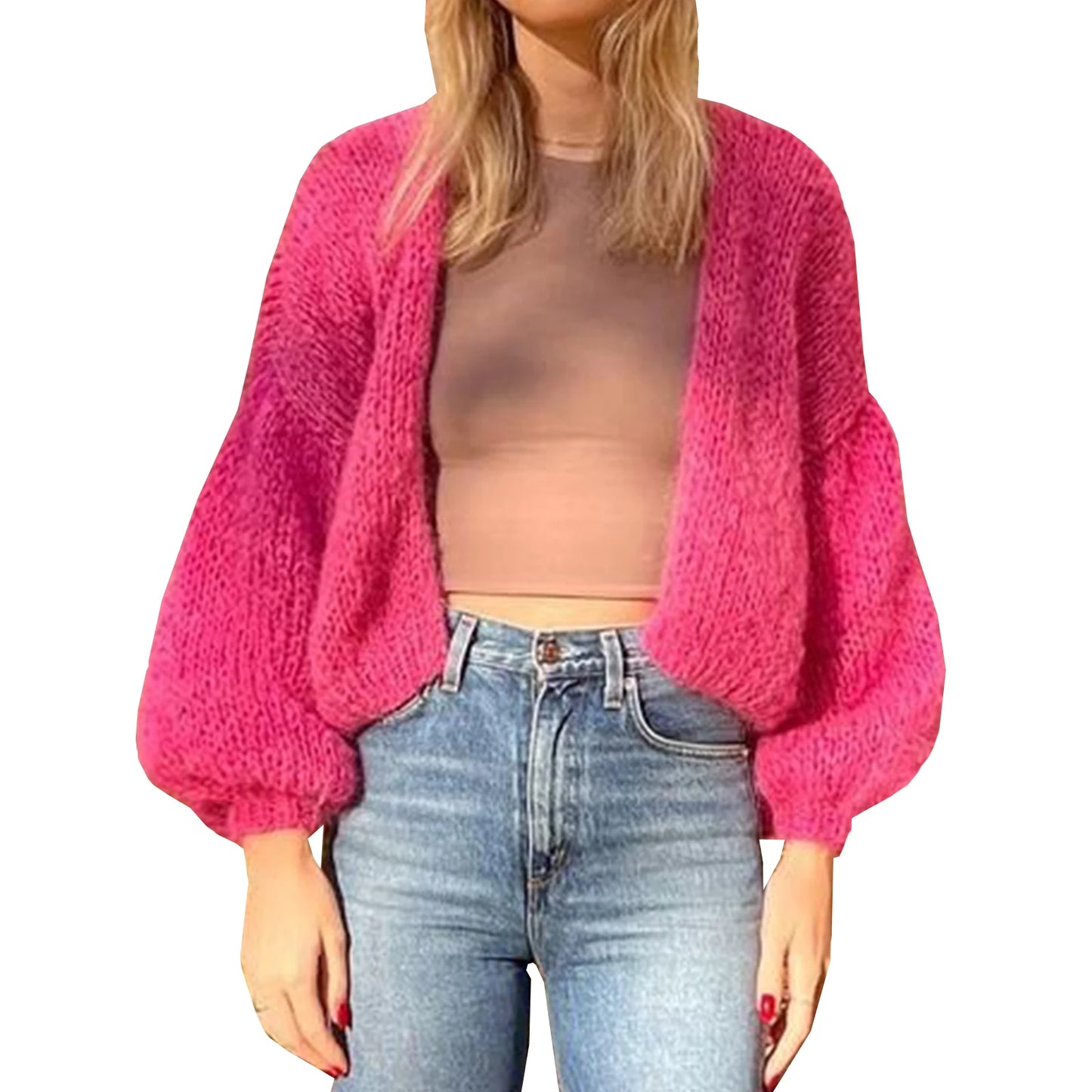 Knit Cardigan Open Front Long Puff Sleeve Women Jacket