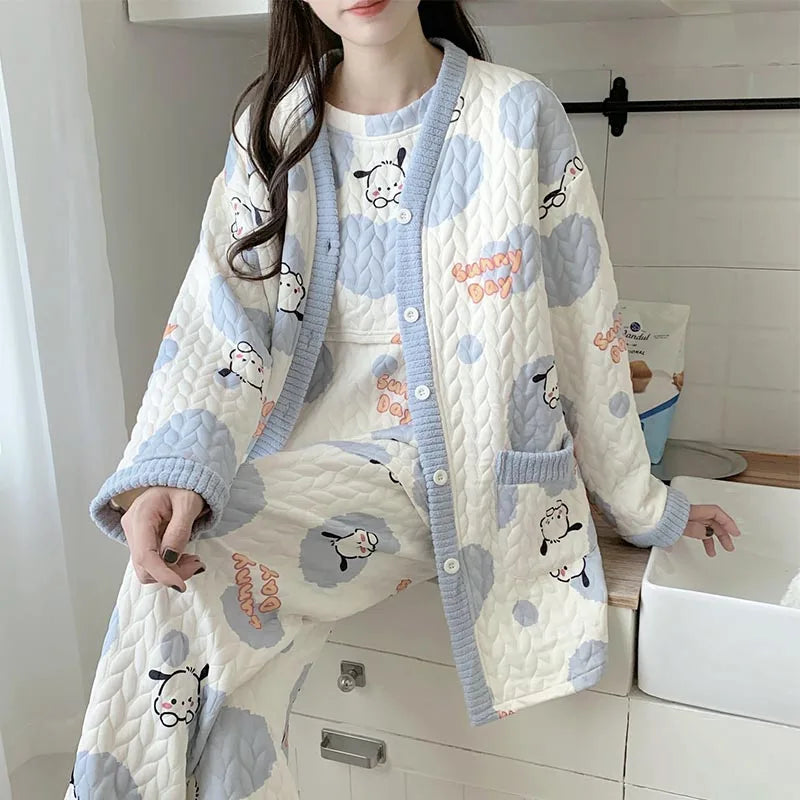 Autumn Winter Fashion Maternity Pajamas Cotton Jacket Pants And Breast Feeding Three Pieces
