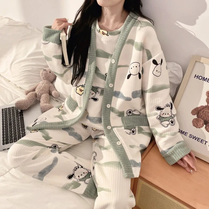 Autumn Winter Fashion Maternity Pajamas Cotton Jacket Pants And Breast Feeding Three Pieces