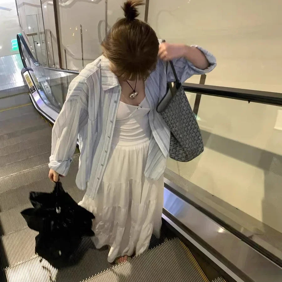 Cross-Border Factory Export Xiong Cardiganblue Striped Top