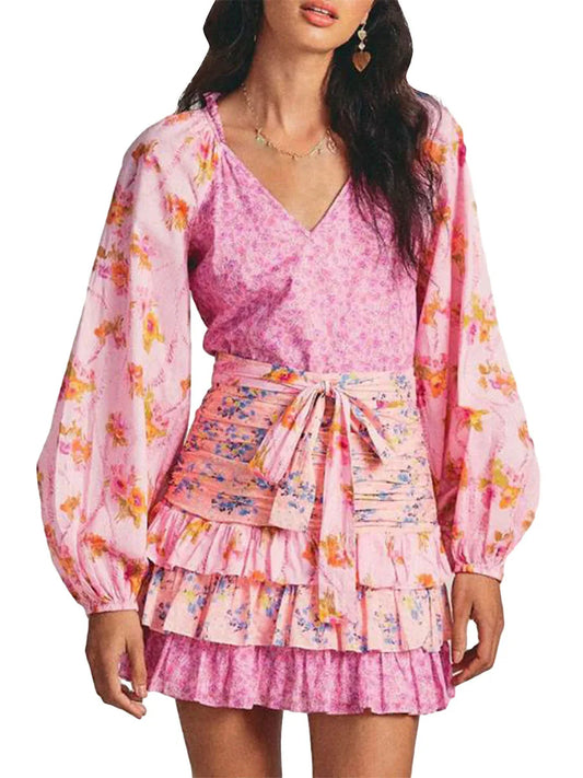 Women Long Sleeve Floral Dress Layered Ruffle V Neck Party Mini Dress