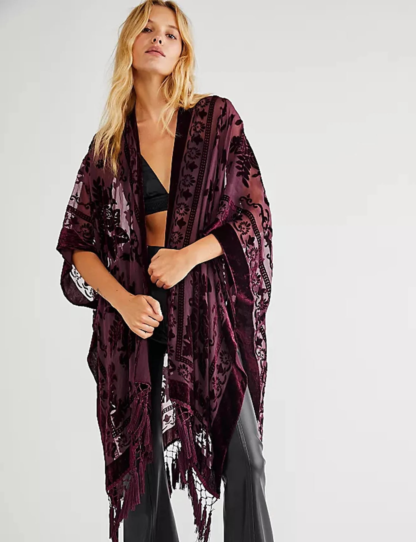 WeHello Women's Burnout Velvet Kimono Long Cardigan Cover Up with Tassel