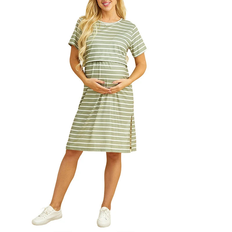 Breastfeeding Dress Short Sleeve Striped Nursing Dress For Breastfeeding