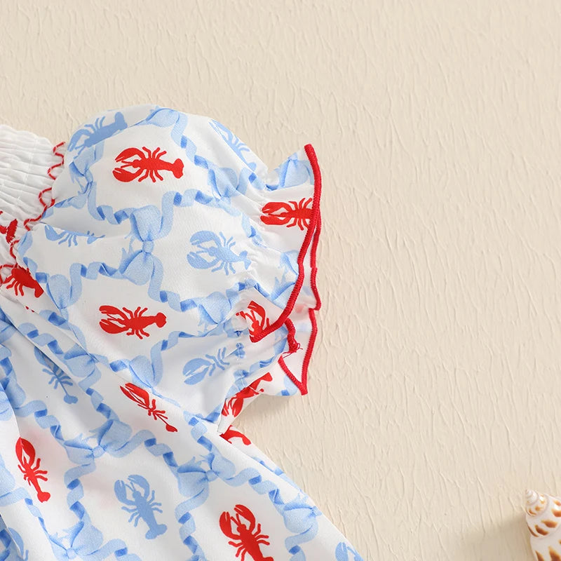 Cute Baby Girls Dress with Crab Print Round Neck and Short Sleeves Adorable Casual Dress