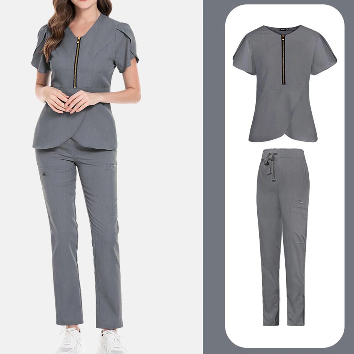 Women's Nurse Scrub Set V-Neck Short Sleeve Zipper Ruffle Sleeve Multi-Color Long Pants