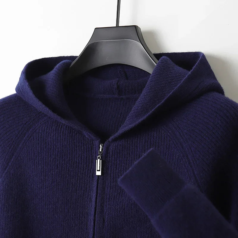 Merino Wool Hooded Zipper Cardigan For Men In Autumn Winter