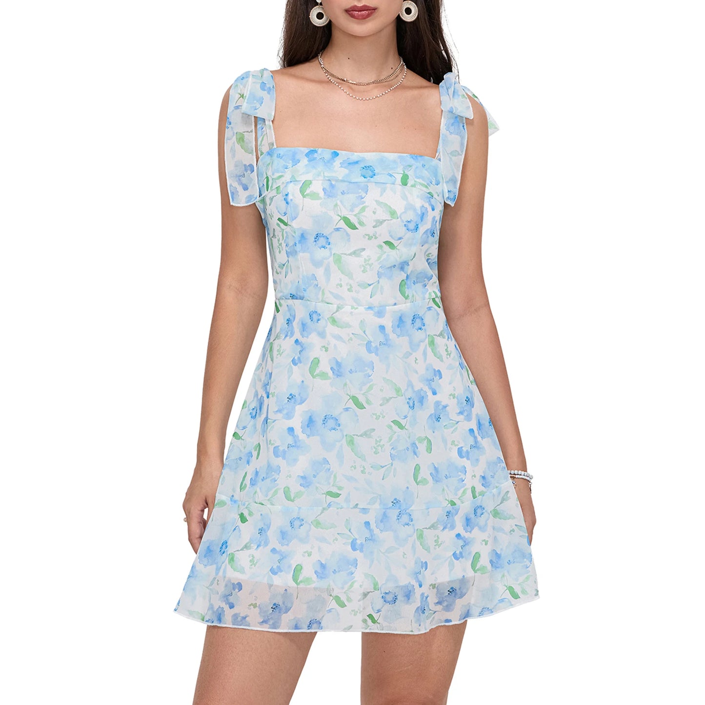 Women Summer Casual Dress Floral Print Tie-Up Shoulder Strap Mini Dress