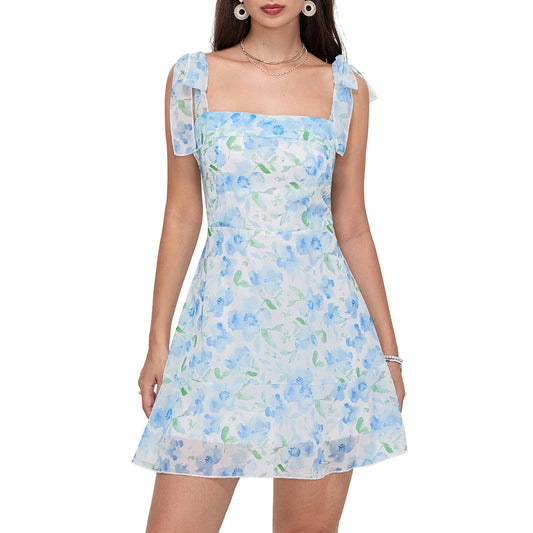 Women Summer Casual Dress Floral Print Tie-Up Shoulder Strap Mini Dress