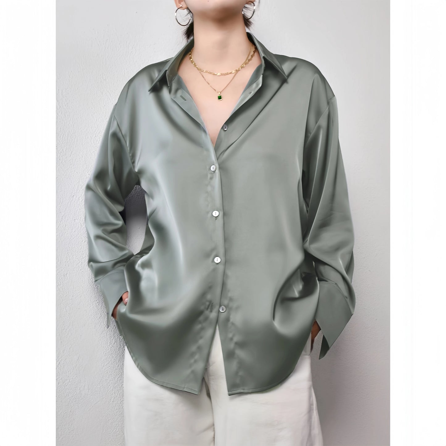 Korean Office Lady Satin Blouse Shirt For Women Casual Chic