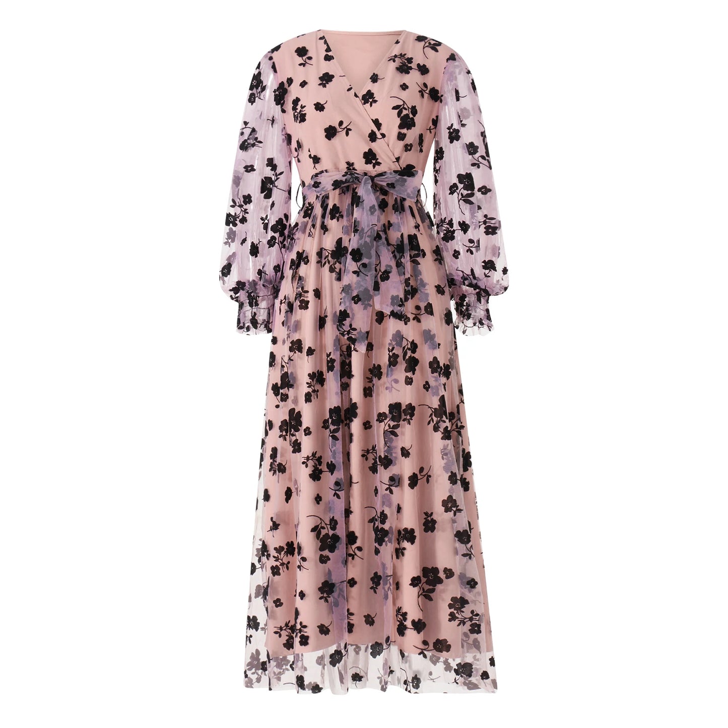 Floral Embroidered Belted Maxi Dress With Long Sleeves For Events