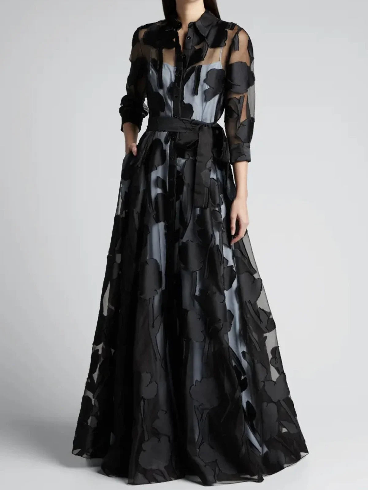Elegant Three-Quarter Sleeve Knotted Waist Jacquard Mesh Maxi Dress Transparent