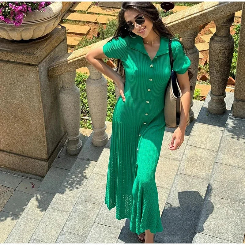 Elegant Knitted Dress Women Solid Single Breasted O Neck Short Sleeve High Waist Hip