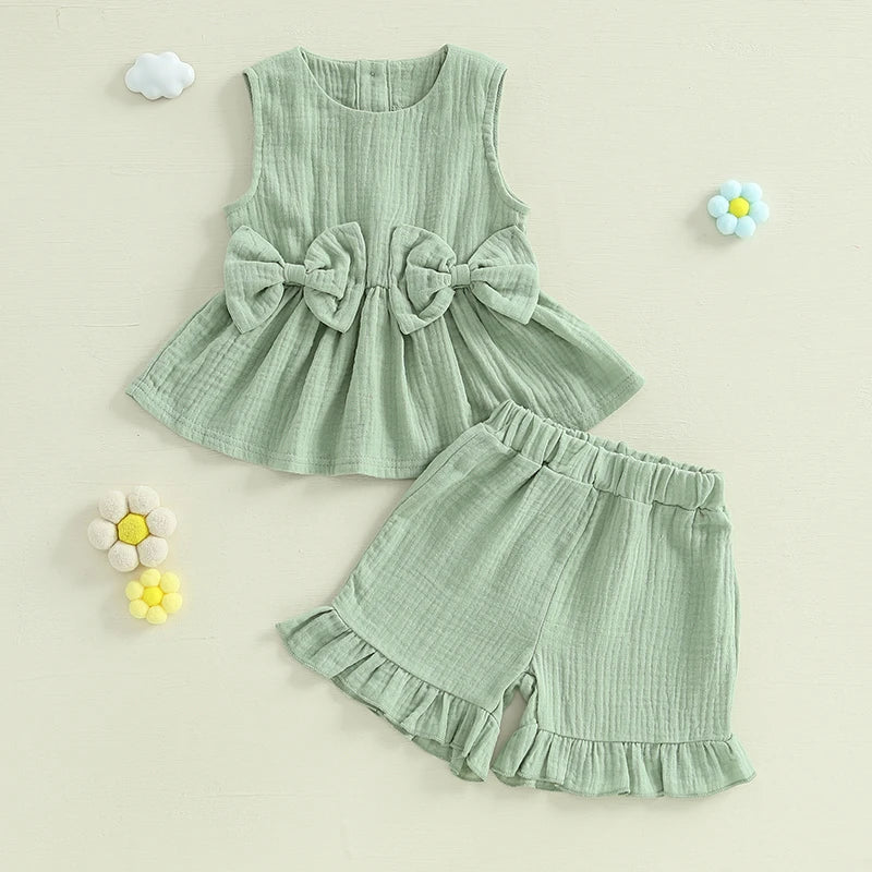 2024-12-24 Lioraitiin Toddler Baby Girl Summer Clothes Solid Color Bow Round Neck