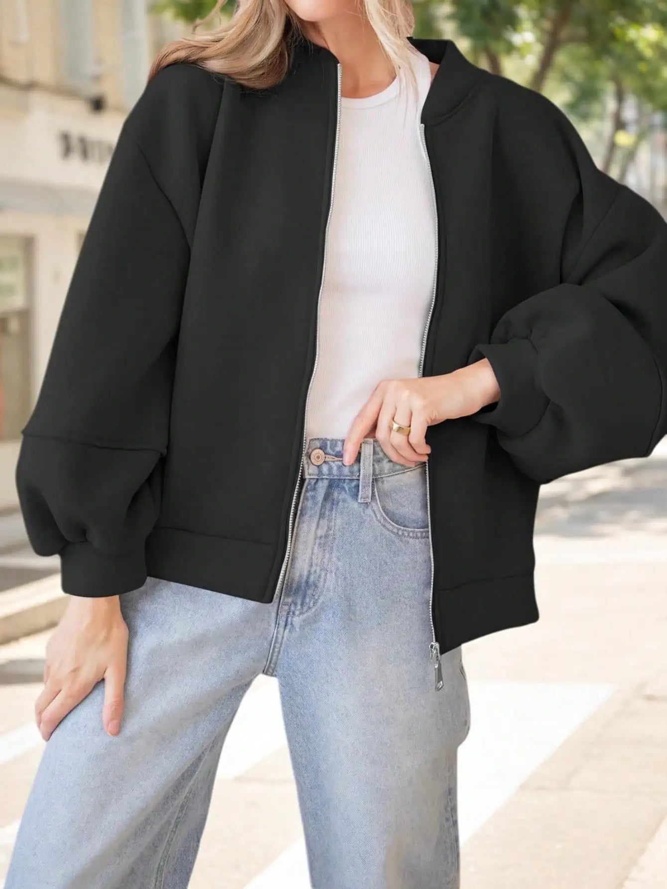 Fisoew Womens Full Zip Up Sweatshirt Jackets Casual Fleece Long Sleeve Loose Warm Bomber Jacket Coats Fall Outfits