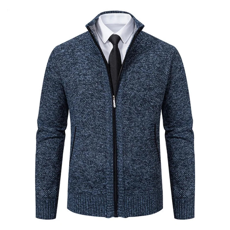 Men's Autumn Winter Velvet Cardigan Jacket Zip Closure Knit Polyester