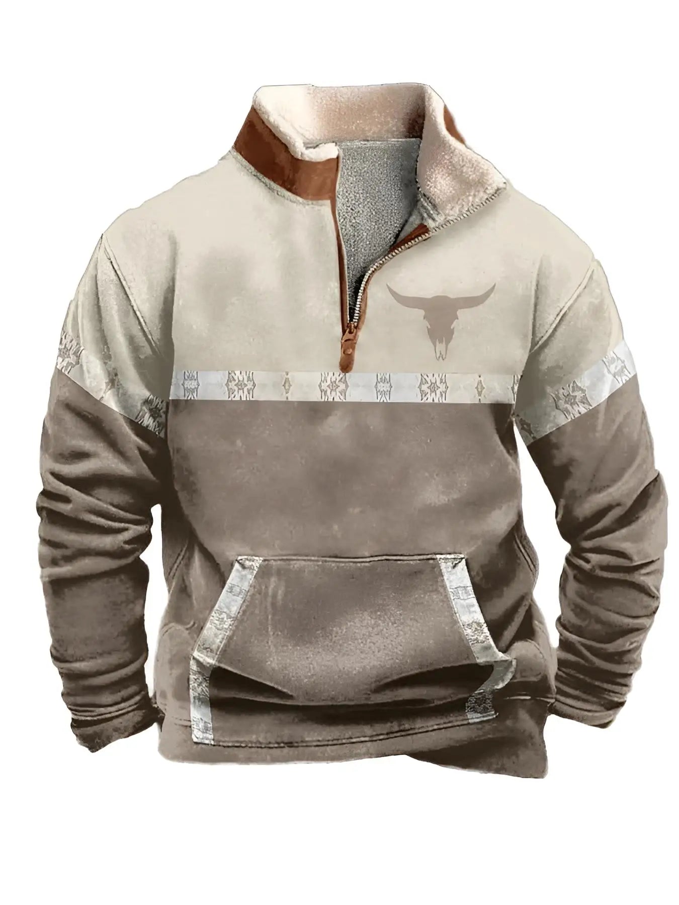 Men'S Vintage Western Hoodie with Aztec Cowboy Design - Beige & Gray Zip-Up Pullover